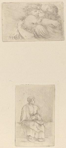 Two Children Embracing [upper half]; Seated Ecclesiast [lower half] by Stefano Della Bella (Florentine, 1610 - 1664), 16X12"(A3)Poster Print