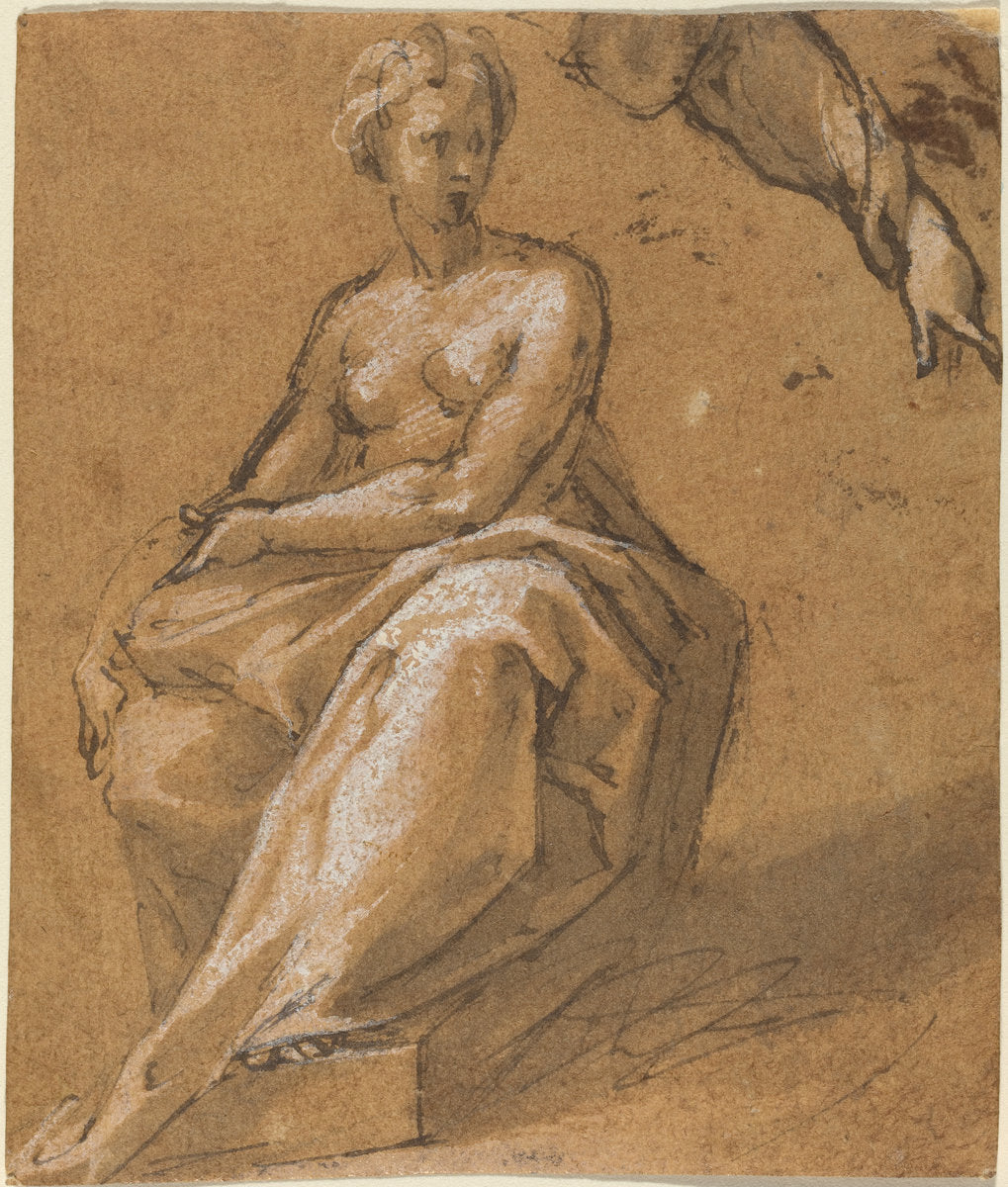 pen and brown ink with brown wash heightened with white over touches of black chalk on paper washed brown by Follower of Bartholomaeus Spranger (Seated Nude with Drapery), 16X12"(A3)Poster Print