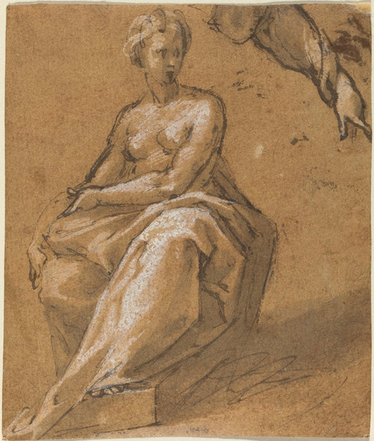 pen and brown ink with brown wash heightened with white over touches of black chalk on paper washed brown by Follower of Bartholomaeus Spranger (Seated Nude with Drapery), 16X12"(A3)Poster Print