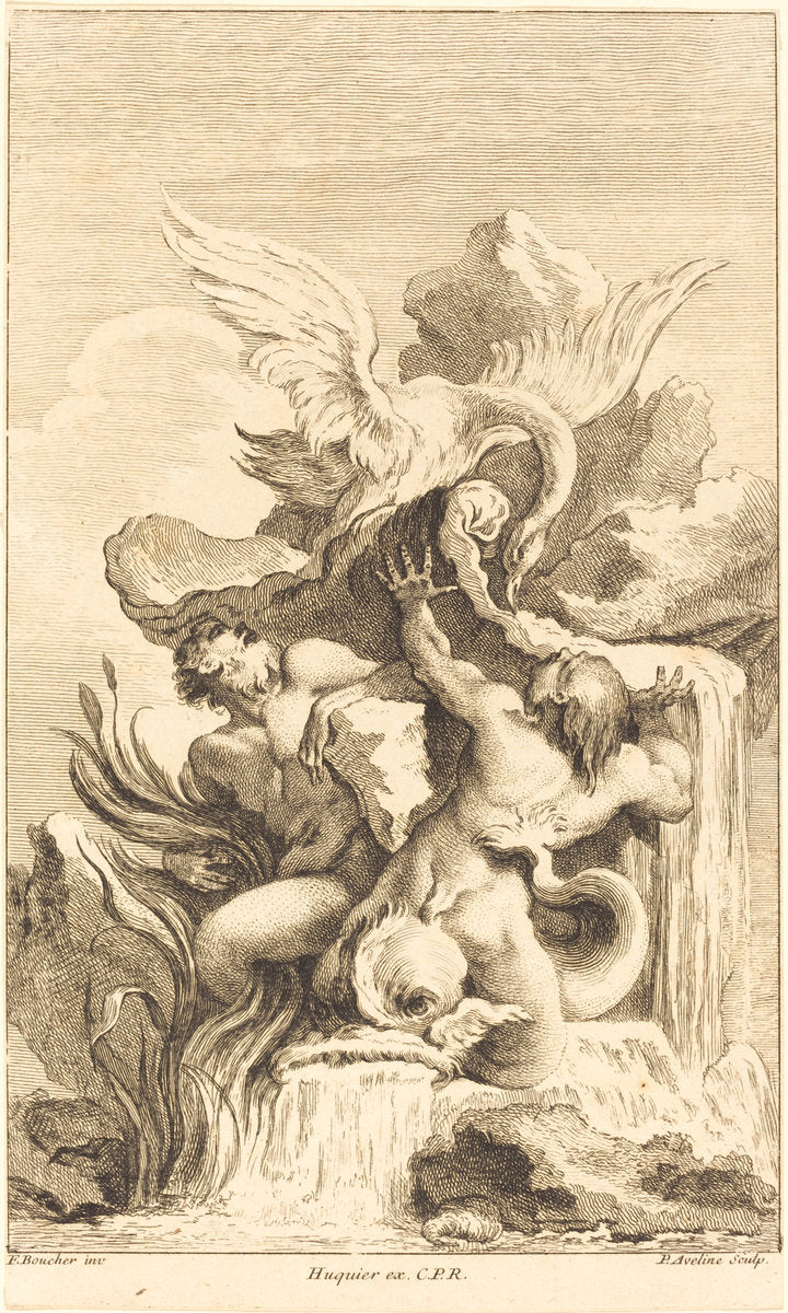 Two Tritons and a Swan by Pierre-Alexandre Aveline after François Boucher (French, probably 1702 - 1760), 16X12"(A3)Poster Print