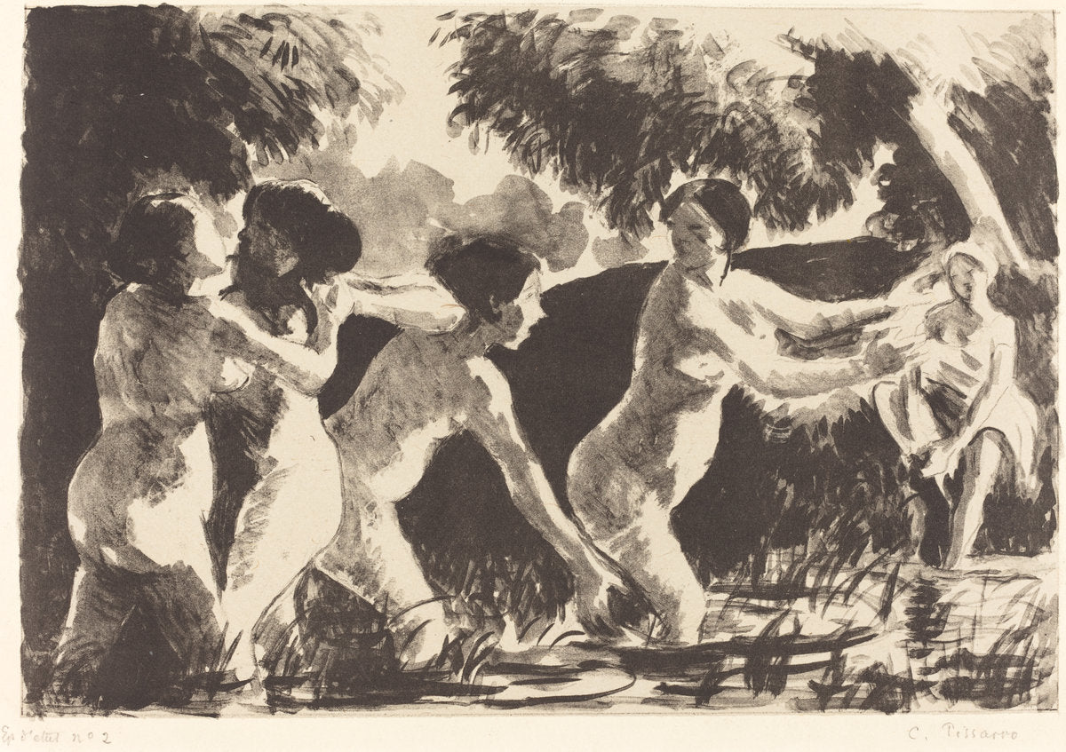 Bathers Wrestling (Baigneuses luttants) by Camille Pissarro (French, 1830 - 1903), 16X12"(A3)Poster Print