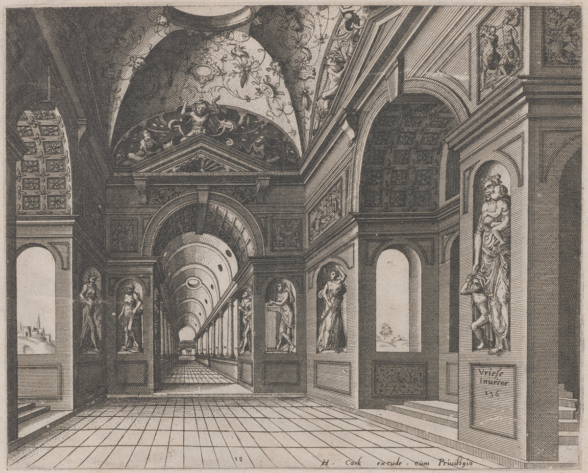 Interior of a Cross-Vaulted Hall Decorated with Grotesques by Lucas van Doetechum and Johannes van Doetechum, the Elder, after Hans Vredeman de Vries (Dutch, active 1554/1572; died before 1589), 16X12"(A3)Poster Print