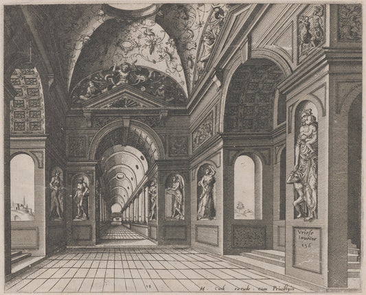 Interior of a Cross-Vaulted Hall Decorated with Grotesques by Lucas van Doetechum and Johannes van Doetechum, the Elder, after Hans Vredeman de Vries (Dutch, active 1554/1572; died before 1589), 16X12"(A3)Poster Print
