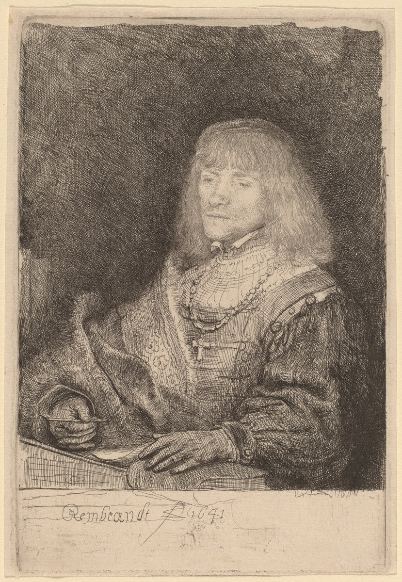 Man at a Desk Wearing a Cross and Chain by Rembrandt van Rijn (Dutch, 1606 - 1669), 16X12"(A3)Poster Print