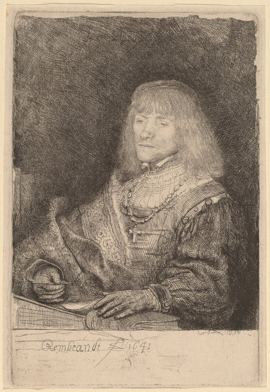 Man at a Desk Wearing a Cross and Chain by Rembrandt van Rijn (Dutch, 1606 - 1669), 16X12"(A3)Poster Print