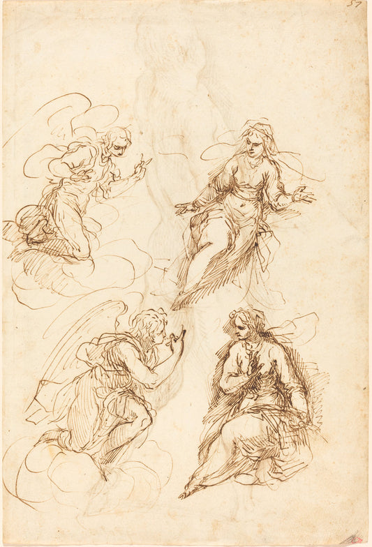 Studies for an Annunciation [recto] by Jacopo Palma il Giovane (Venetian, 1544 or 1548 - 1628), 16X12"(A3)Poster Print