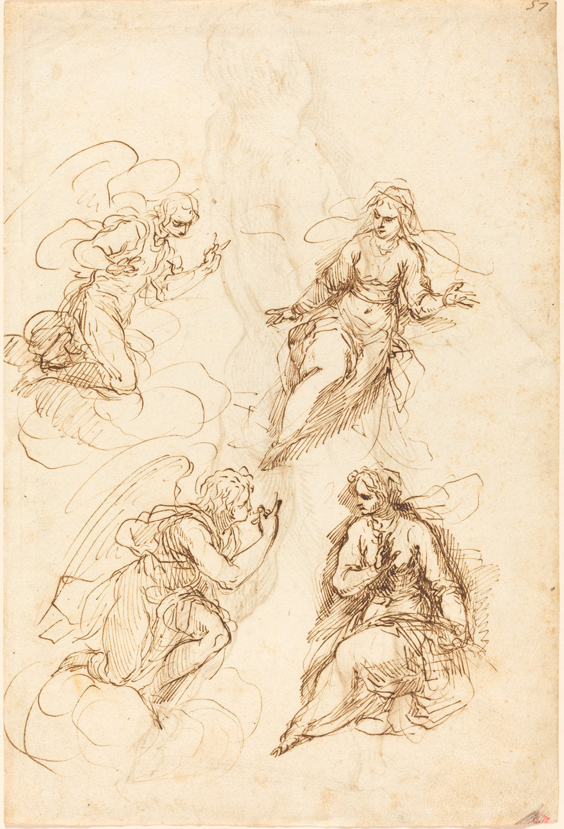 Studies for an Annunciation [recto] by Jacopo Palma il Giovane (Venetian, 1544 or 1548 - 1628), 16X12"(A3)Poster Print
