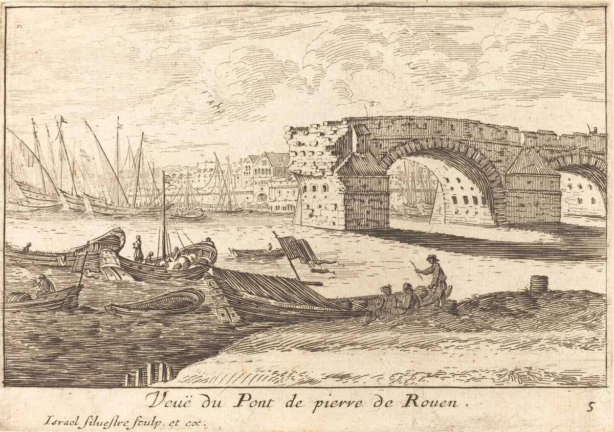 Veue du Pont de pierre de Rouen by Israël Silvestre (French, 1621 - 1691), 16X12"(A3)Poster Print