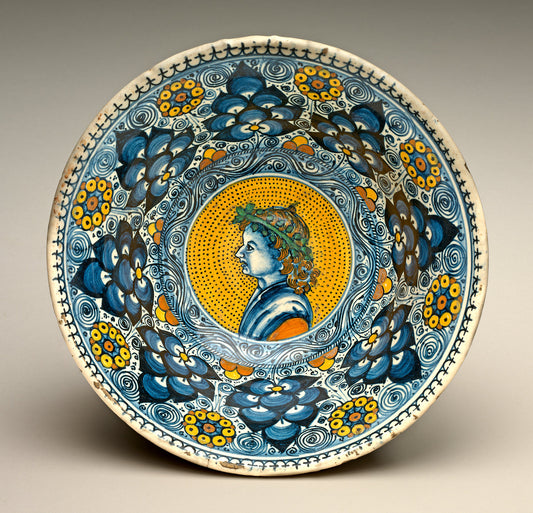 c. 1490/1500 by Probably Tuscan or Faentine 16th Century (Deep bowl with "Persian palmette" ornament; in the center, a profile bust of a young man wearing a wreath), 16X12"(A3)Poster Print