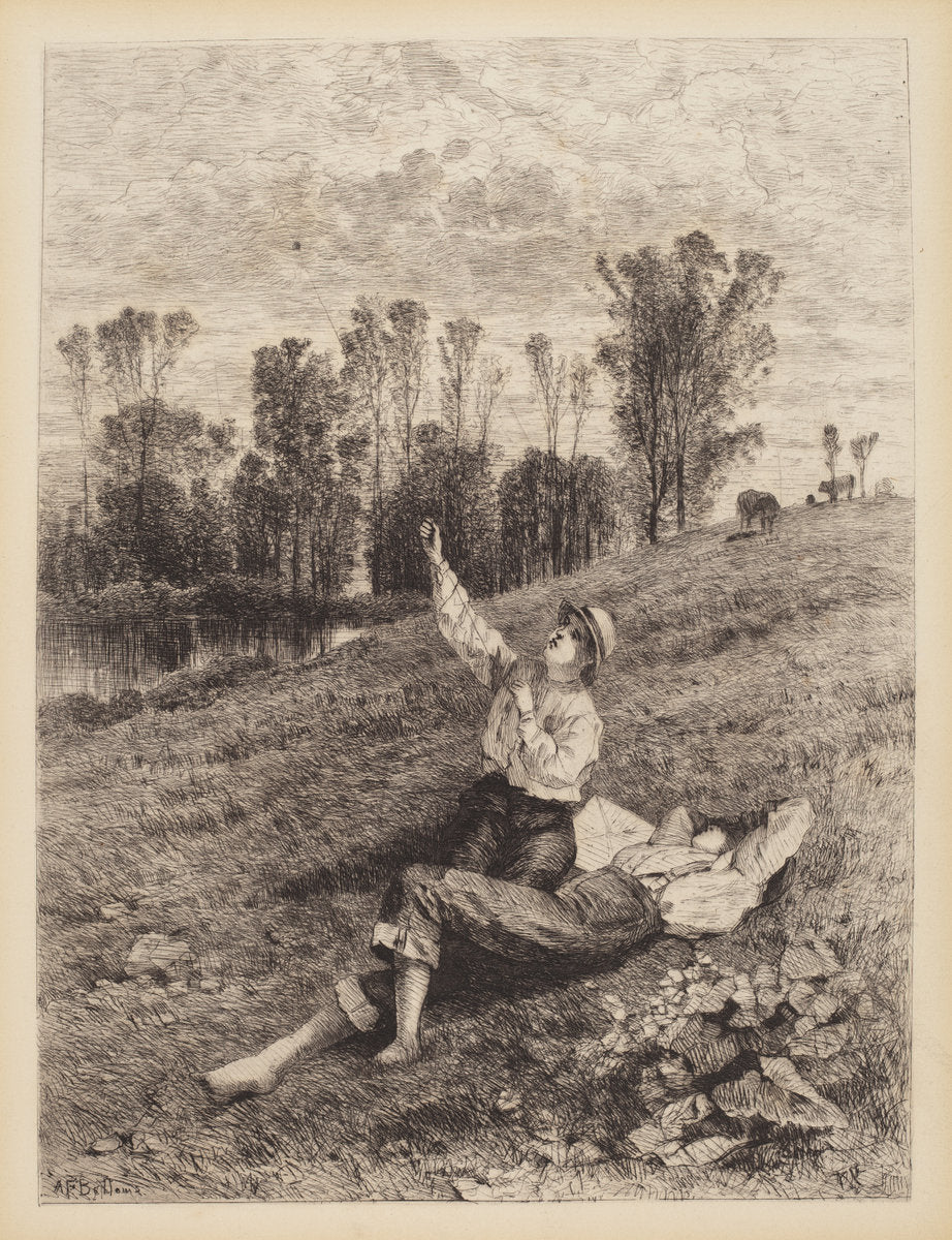 Untitled (Boys Flying a Kite) by Albert Fitch Bellows (American, 1829 - 1883), 16X12"(A3)Poster Print