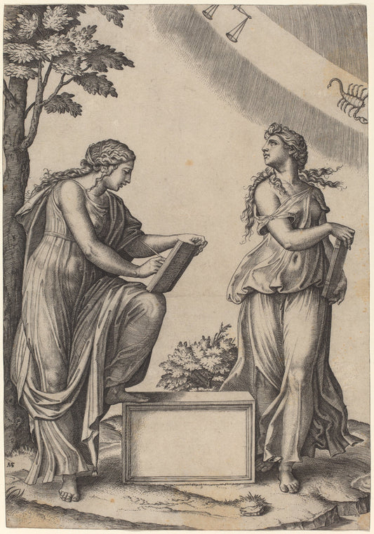 Two Women with the Zodiac by Marcantonio Raimondi after Raphael (Italian, c. 1480 - c. 1534), 16X12"(A3)Poster Print