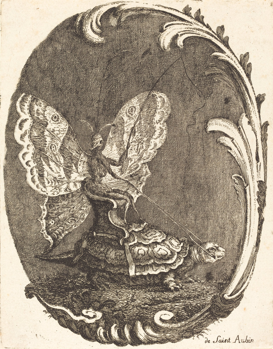 Le Papillon et la Tortue (The Butterfly and the Turtle) by Charles Germain de Saint-Aubin (French, 1721 - 1786), 16X12"(A3)Poster Print