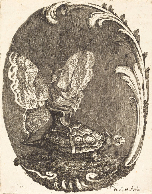 Le Papillon et la Tortue (The Butterfly and the Turtle) by Charles Germain de Saint-Aubin (French, 1721 - 1786), 16X12"(A3)Poster Print