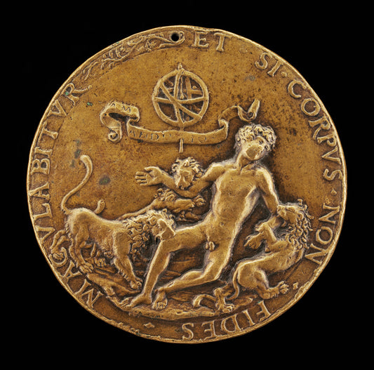 An Allegory of Faith: Lions Devouring a Nude Youth [obverse] by Attributed to Master IO.F.F. (Italian, active 1468/1484), 16X12"(A3)Poster Print