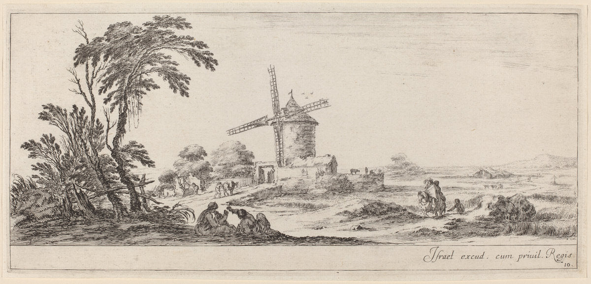 Landscape with Windmill by Stefano Della Bella (Italian, 1610 - 1664), 16X12"(A3)Poster Print