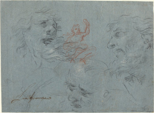 black and red chalks heightened with white on blue laid paper by French 17th Century (Study of Heads [recto]), 16X12"(A3)Poster Print