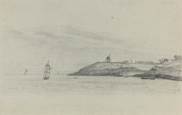 Coastal Landscape with Shipping; Windmill in Distance by Eugène Boudin (French, 1824 - 1898), 16X12"(A3)Poster Print
