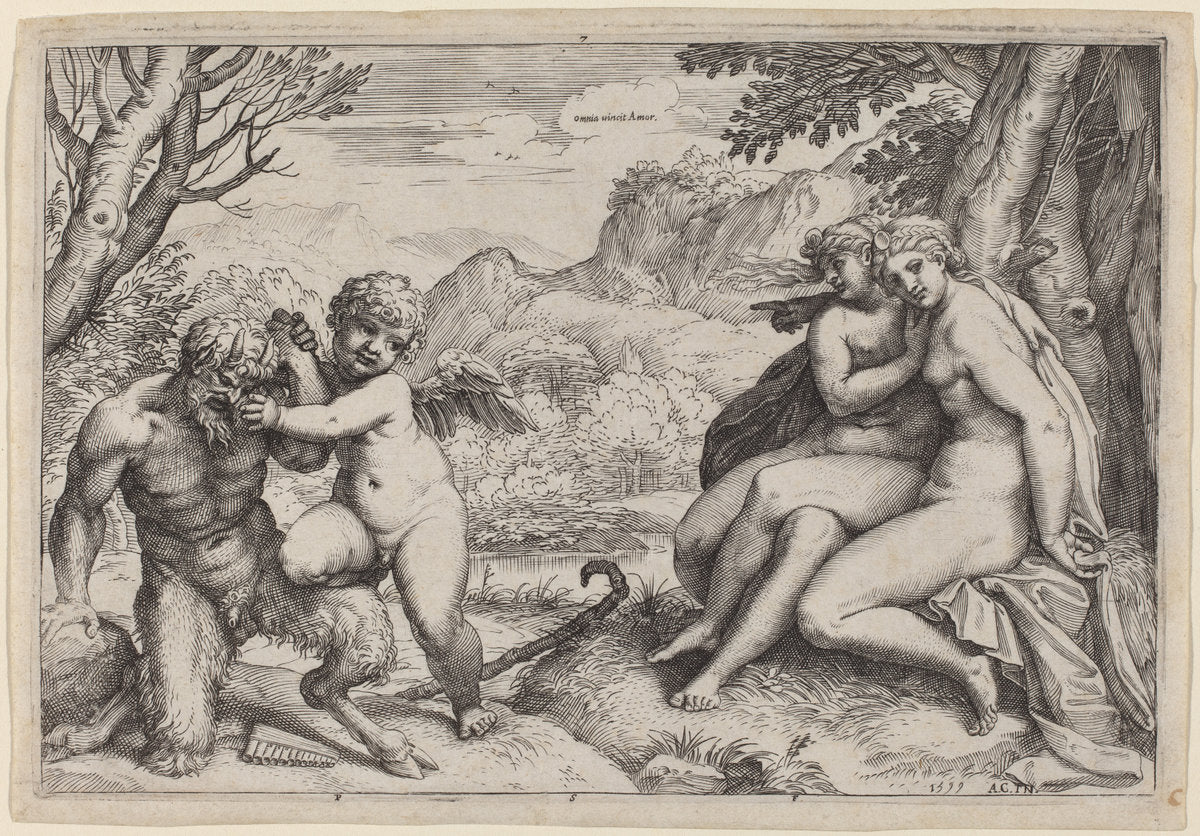 Pan Taming Eros by Agostino Carracci (Italian, 1557 - 1602), 16X12"(A3)Poster Print