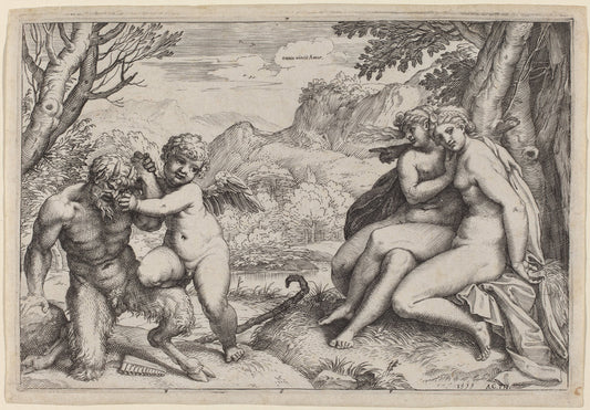 Pan Taming Eros by Agostino Carracci (Italian, 1557 - 1602), 16X12"(A3)Poster Print