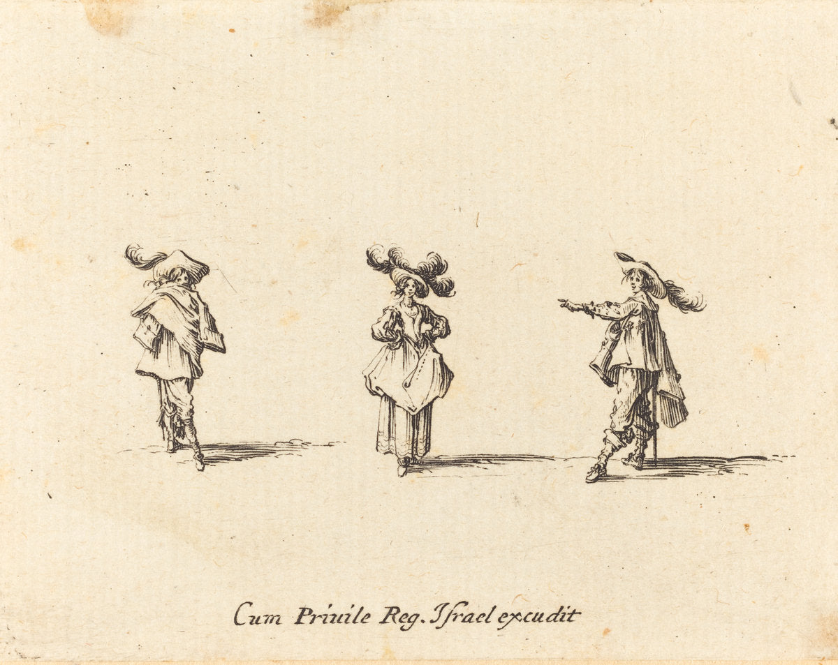Lady with Large Plumes, and Two Gentlemen by Jacques Callot (French, 1592 - 1635), 16X12"(A3)Poster Print