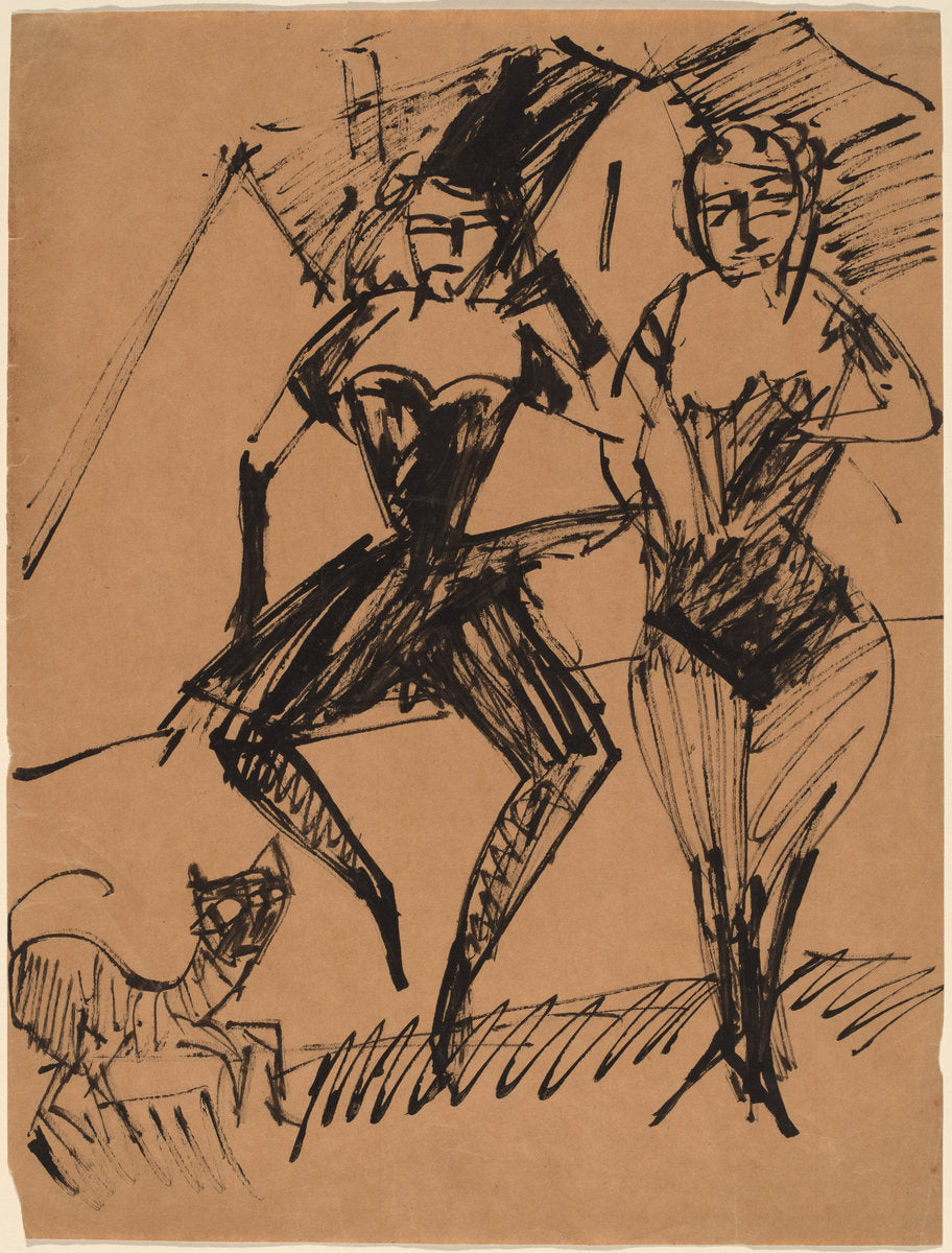 Two Dancers with a Cat by Ernst Ludwig Kirchner (German, 1880 - 1938), 16X12"(A3)Poster Print