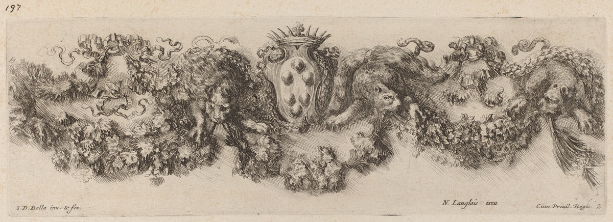 Festoon with Medici Coat of Arms by Stefano Della Bella (Italian, 1610 - 1664), 16X12"(A3)Poster Print