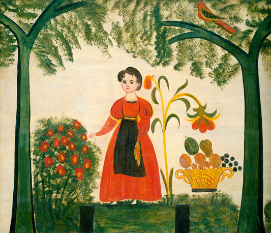 c. 1830 by American 19th Century (Girl in Red with Flowers and a Distelfink), 16X12"(A3)Poster Print
