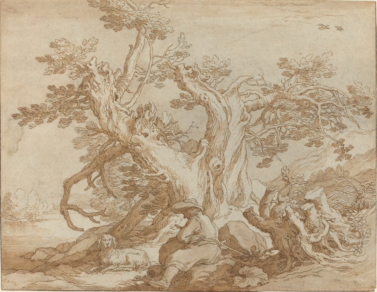 Landscape with Seated Figure and Dog by Abraham Bloemaert (Dutch, 1564 - 1651), 16X12"(A3)Poster Print