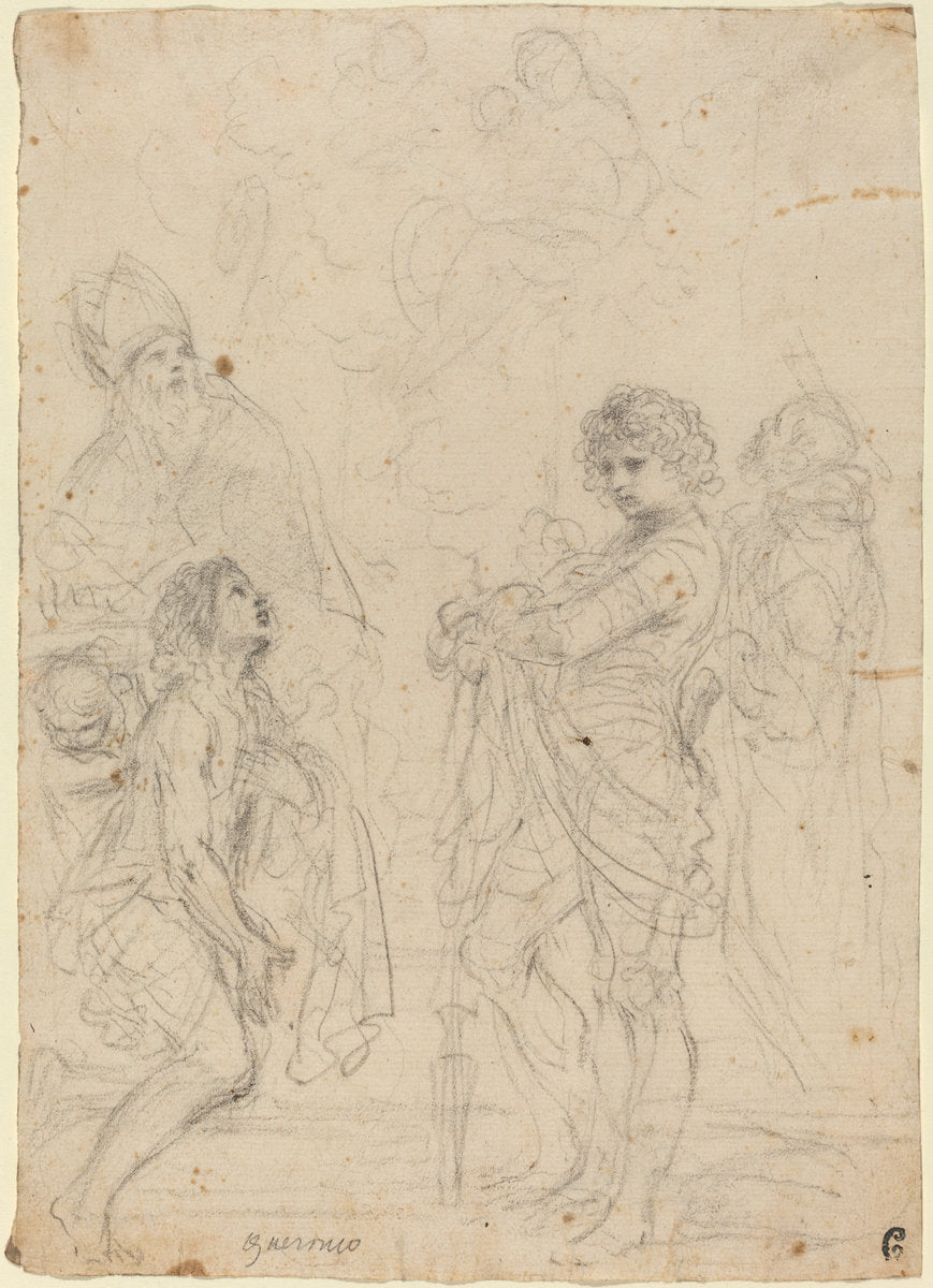 Madonna and Child with Saints Gimignano, John the Baptist, George and Peter Martyr by Giovanni Francesco Barbieri, called Guercino (Bolognese, 1591 - 1666), 16X12"(A3)Poster Print