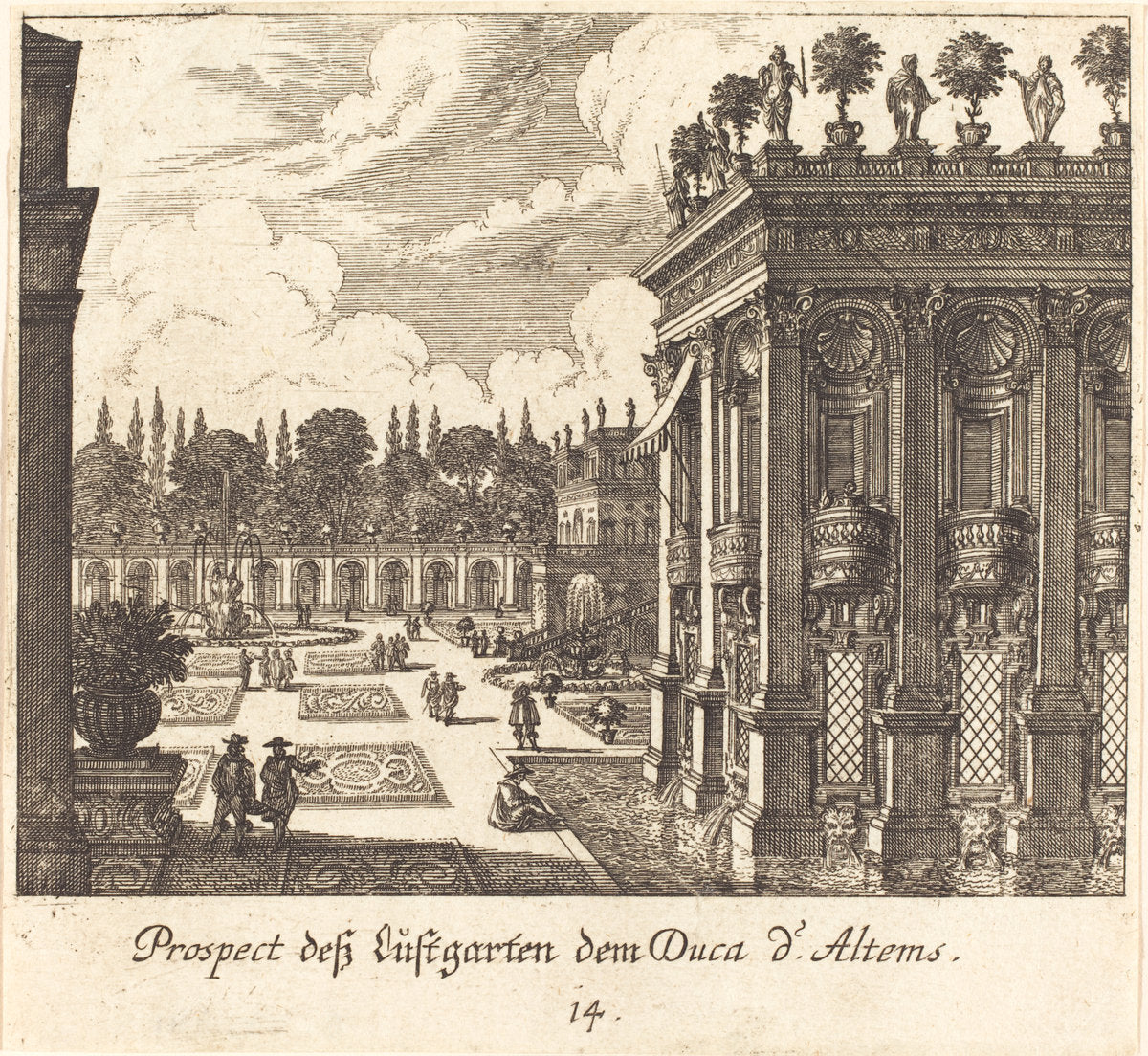 Gardens, Duke d'Altems by Melchior Küsel after Johann Wilhelm Baur (German, 1626 - 1683), 16X12"(A3)Poster Print