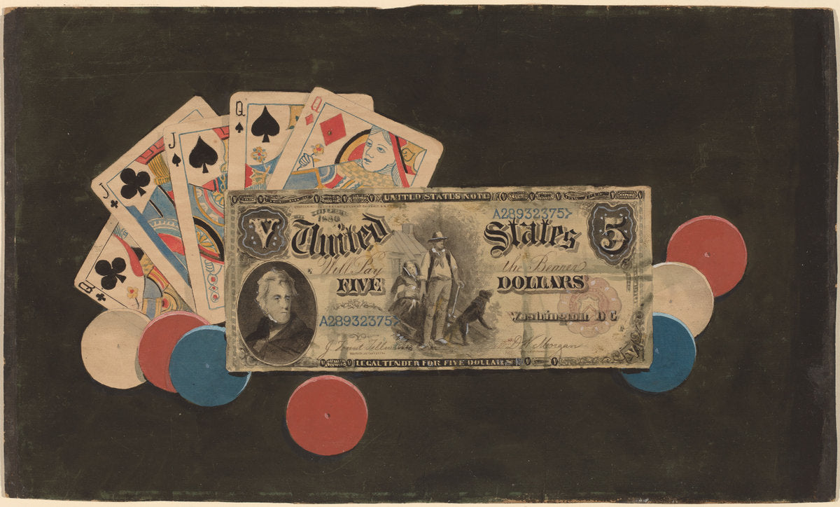 c. 1895 by American 19th Century (Trompe l'Oeil: A Full House with Chips and a $5 Bill), 16X12"(A3)Poster Print