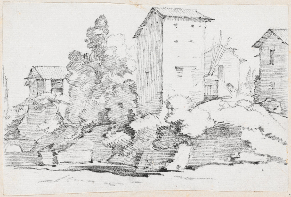 Italian Farm Buildings by a Stream by Joseph-Marie Vien (French, 1716 - 1809), 16X12"(A3)Poster Print