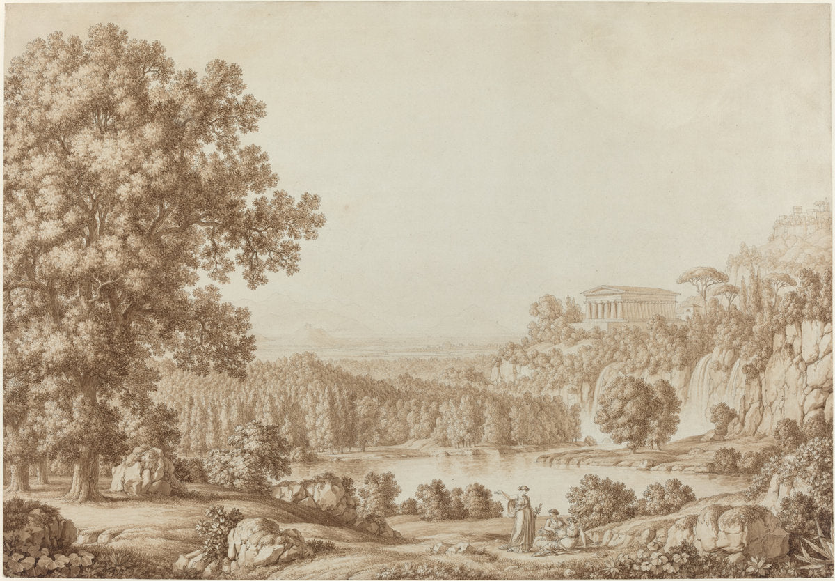 Arcadian Landscape with a Doric Temple by Christoph Heinrich Kniep (German, 1755 - 1825), 16X12"(A3)Poster Print