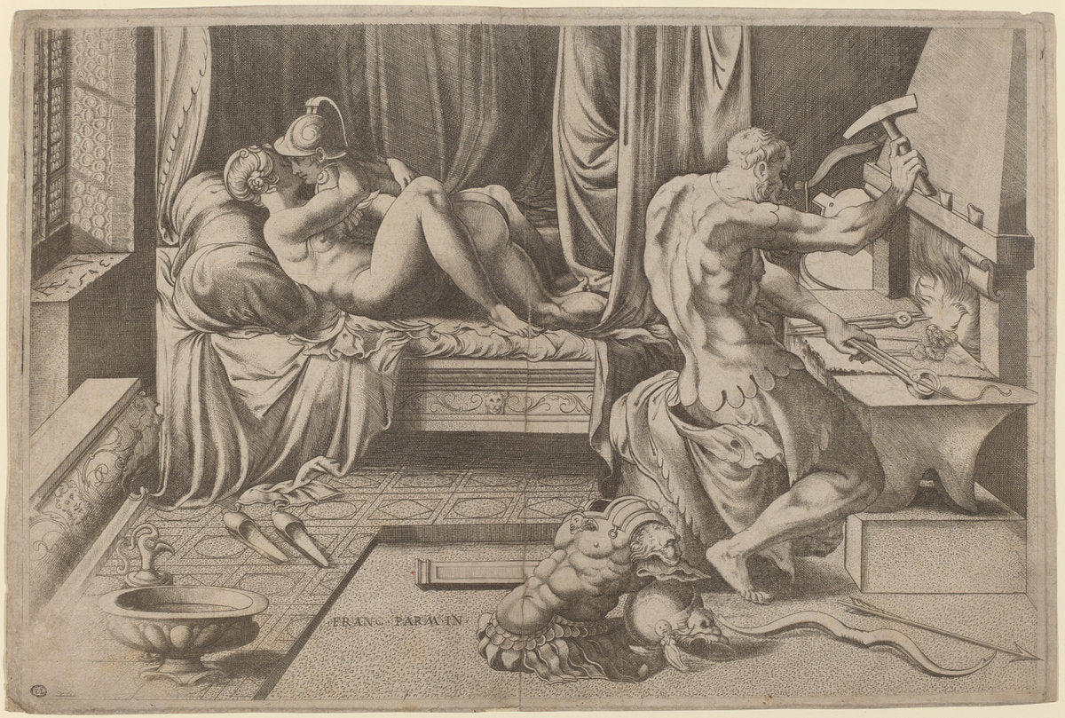 Venus and Mars Embracing with Vulcan at his Forge by Enea Vico after Parmigianino (Italian, 1523 - 1567), 16X12"(A3)Poster Print