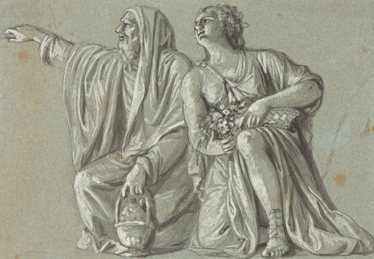 pen and black ink with black wash, heightened with white on blue-gray laid paper by Roman 18th Century (Two Kneeling Figures with Offerings), 16X12"(A3)Poster Print