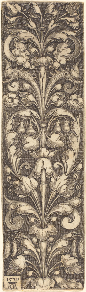 Sprig of Ornamental Foliage with Two Masks and Two Dolphins by Heinrich Aldegrever (German, 1502 - 1555/1561), 16X12"(A3)Poster Print