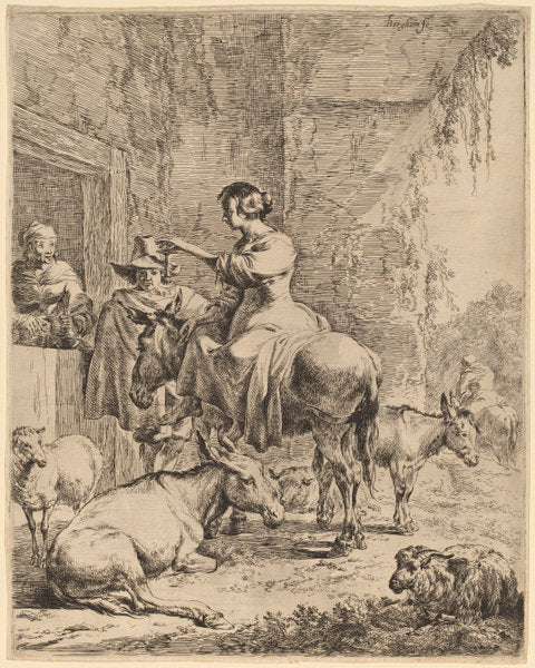 The Rest before the Inn by Nicolaes Pietersz Berchem (Dutch, 1620 - 1683), 16X12"(A3)Poster Print