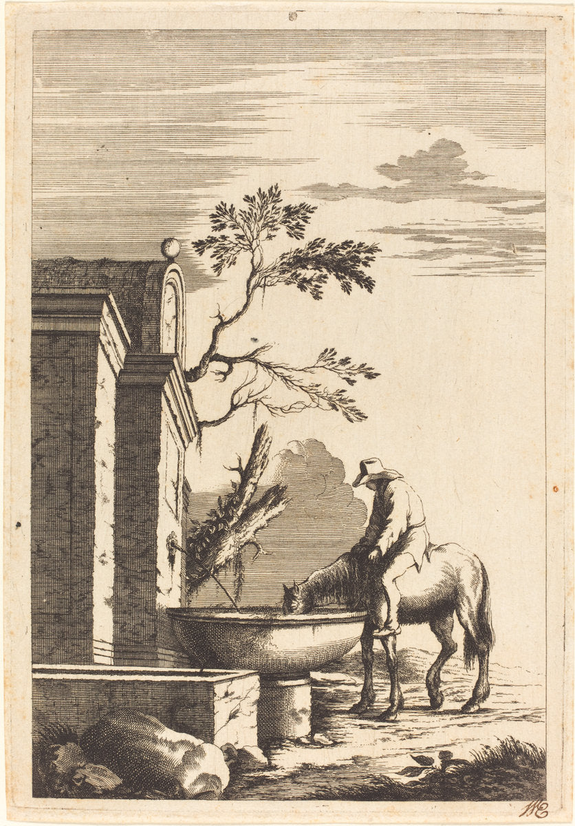 Horse and Rider at a Fountain by Bernhard Zaech after Jonas Umbach (German, active c. 1650), 16X12"(A3)Poster Print