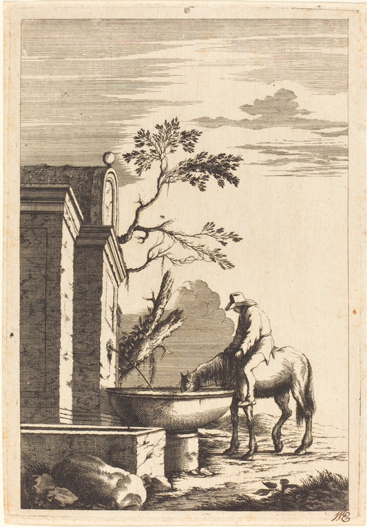 Horse and Rider at a Fountain by Bernhard Zaech after Jonas Umbach (German, active c. 1650), 16X12"(A3)Poster Print