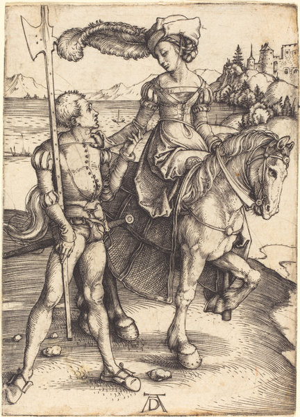 Lady on Horseback and the Lansquenet by Albrecht Dürer (German, 1471 - 1528), 16X12"(A3)Poster Print