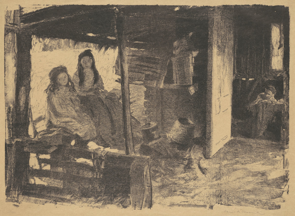 Untitled (2 girls in a barn) by Daniel Albert Veresmith (American, 1861 - 1932), 16X12"(A3)Poster Print