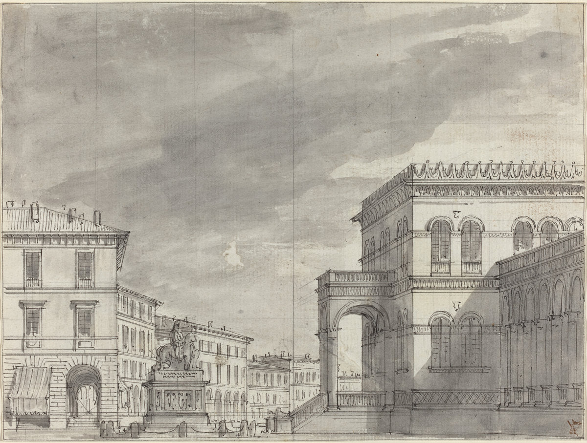 Piazza with an Equestrian Monument and a Palace by Alessandro Sanquirico (Italian, 1780 - 1849), 16X12"(A3)Poster Print