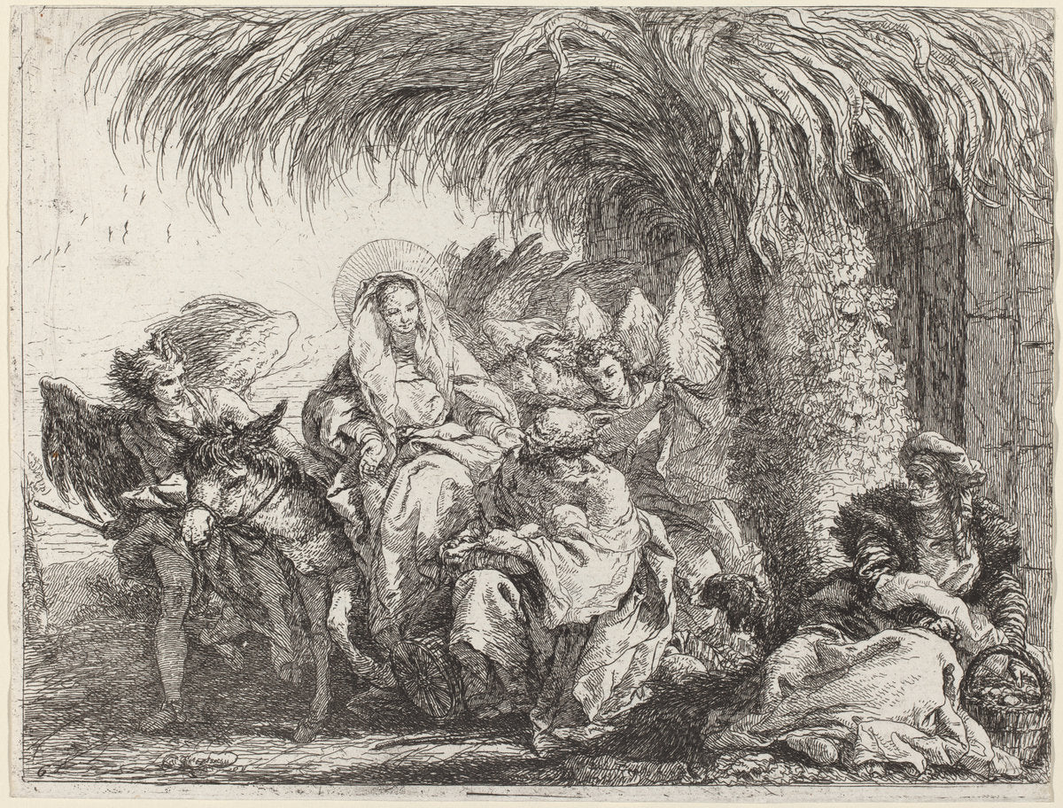 Joseph Kneels with the Child before Mary on the Donkey by Giovanni Domenico Tiepolo (Italian, 1727 - 1804), 16X12"(A3)Poster Print