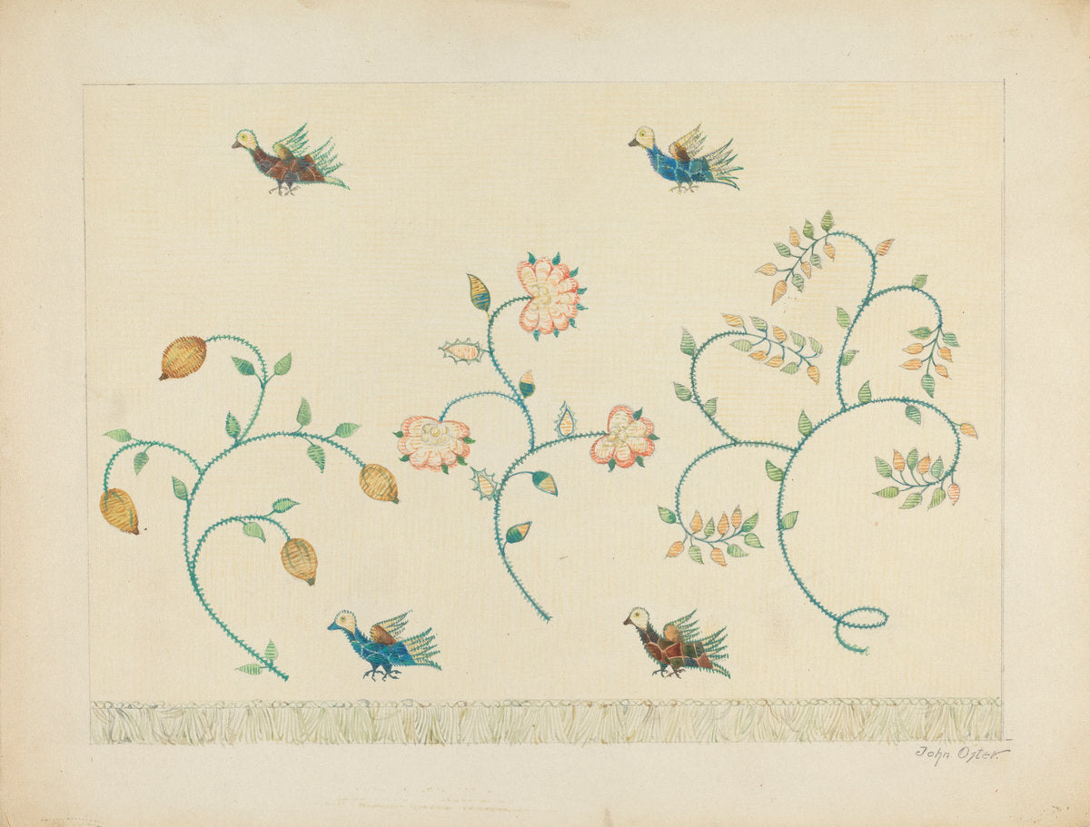 Set of Crewel Embroidered Bed Curtains by John Oster (American, active c. 1935), 16X12"(A3)Poster Print