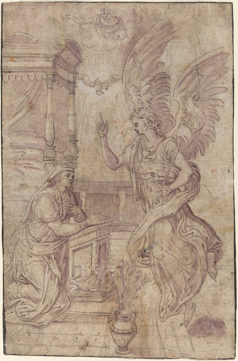 pen and black ink with red wash and touches of graphite heightened with white on laid paper by Follower of Frans Floris I (The Annunciation), 16X12"(A3)Poster Print
