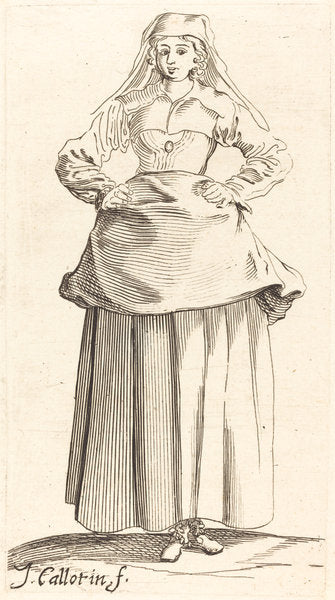 Young Woman with Hands on Hips, Front View by Israel Henriet after Jacques Callot (French, c. 1590 - 1661), 16X12"(A3)Poster Print