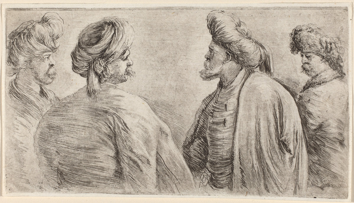 Four Turks Wearing Turbans by Stefano Della Bella (Italian, 1610 - 1664), 16X12"(A3)Poster Print