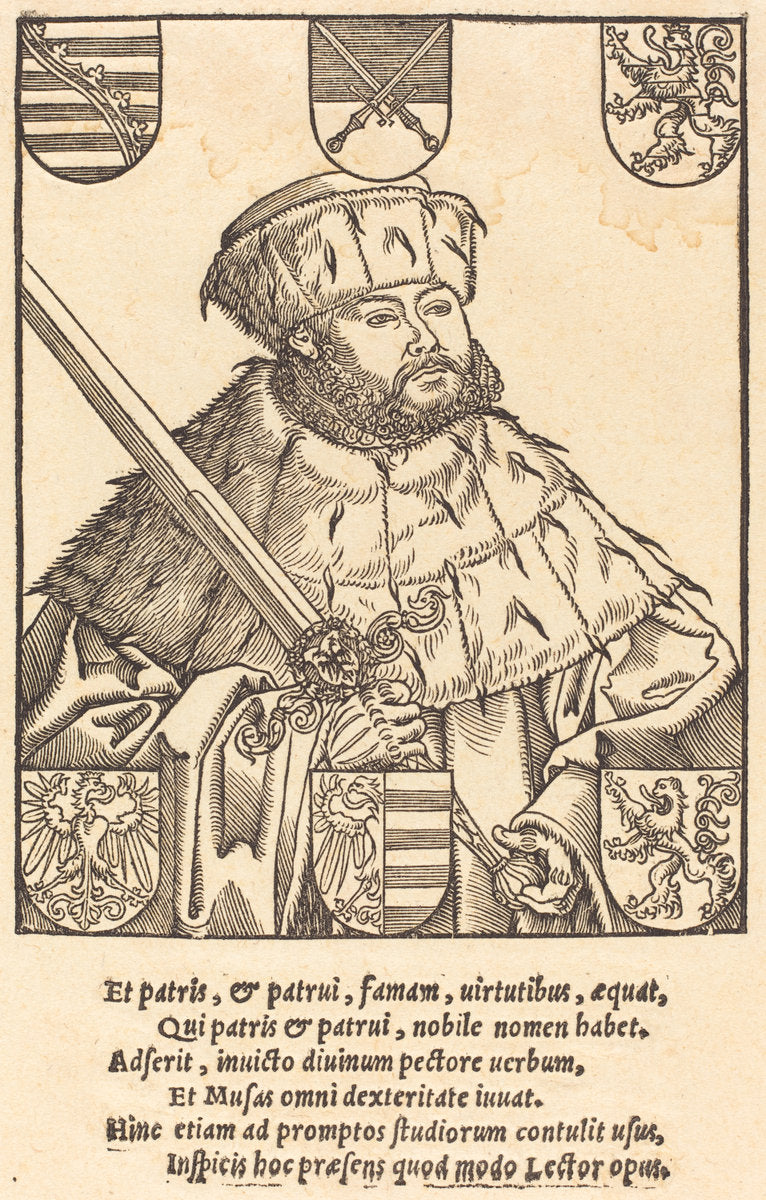 woodcut by after Lucas Cranach the Younger (John Frederic the Magnanimous, in Electoral Robes [right]), 16X12"(A3)Poster Print