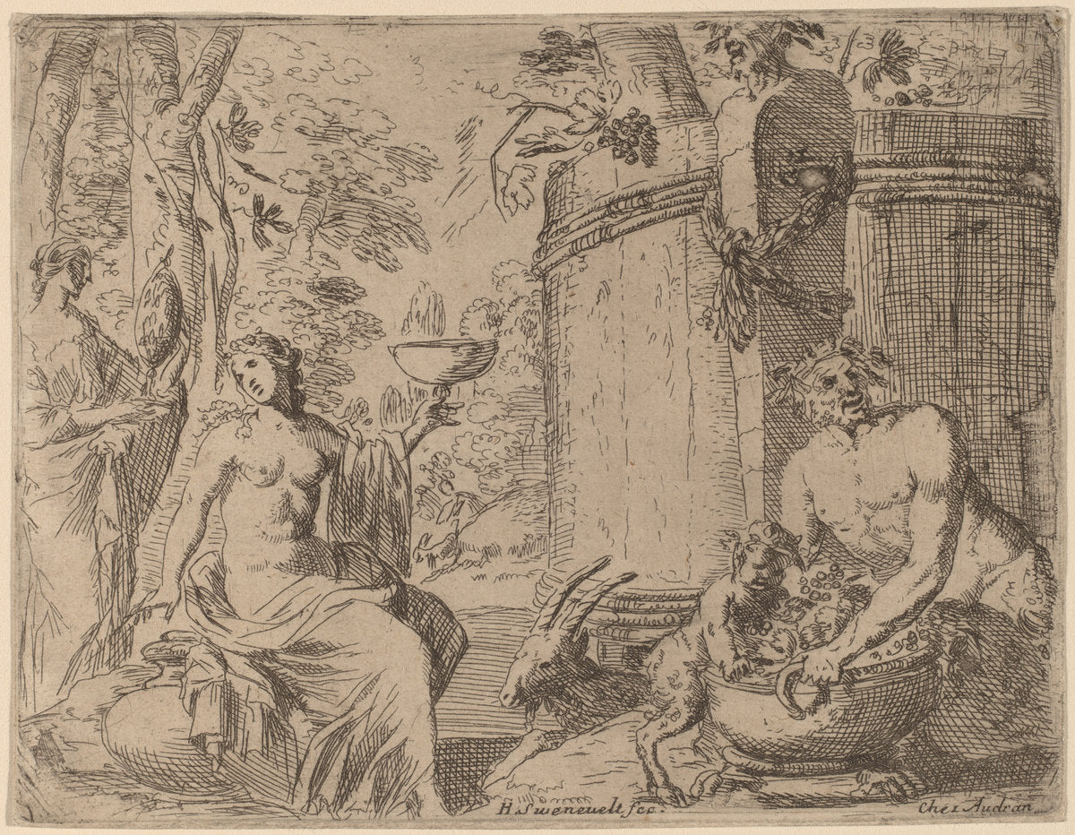 Two Nymphs and a Satyr before a Large Vat by Herman van Swanevelt (Dutch, c. 1600 - 1655), 16X12"(A3)Poster Print
