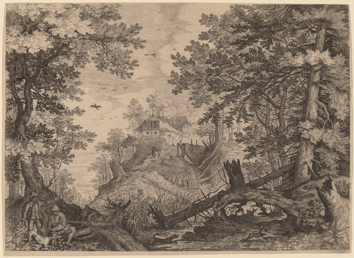 Woodland Scene with Two Hunters and a Dog to the Left by Aegidius Sadeler II after Roelandt Savery (Flemish, c. 1570 - 1629), 16X12"(A3)Poster Print